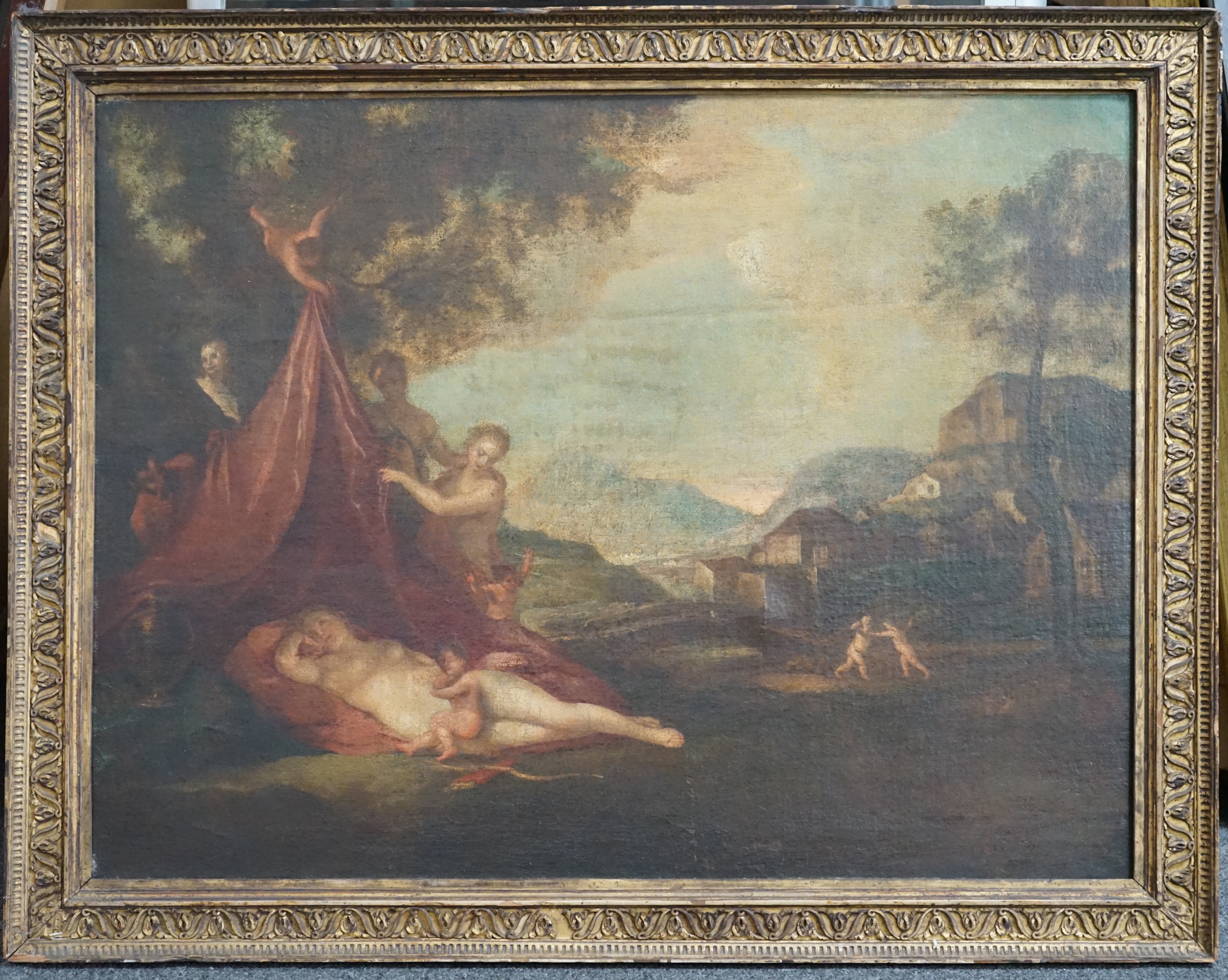 18th century French School, Venus sleeping in a landscape with attendants, oil on canvas, 54 x 71cm